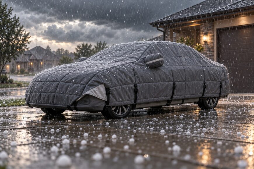 A padded gray hail blanket securely covering a Toyota Camry parked in a driveway during a severe hailstorm