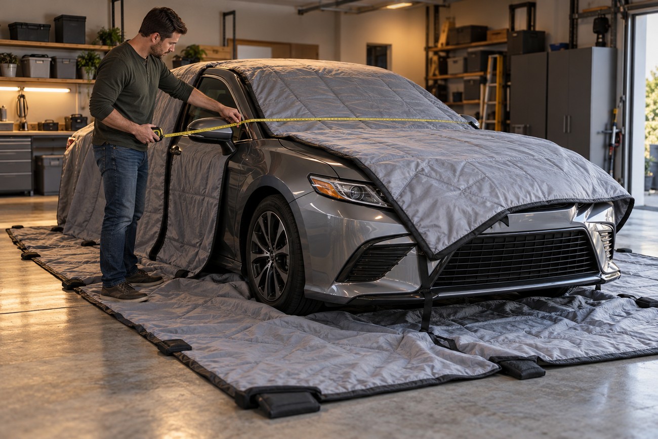 Man measuring a quilted gray hail protection blanket fitted over a Toyota Camry in a garage