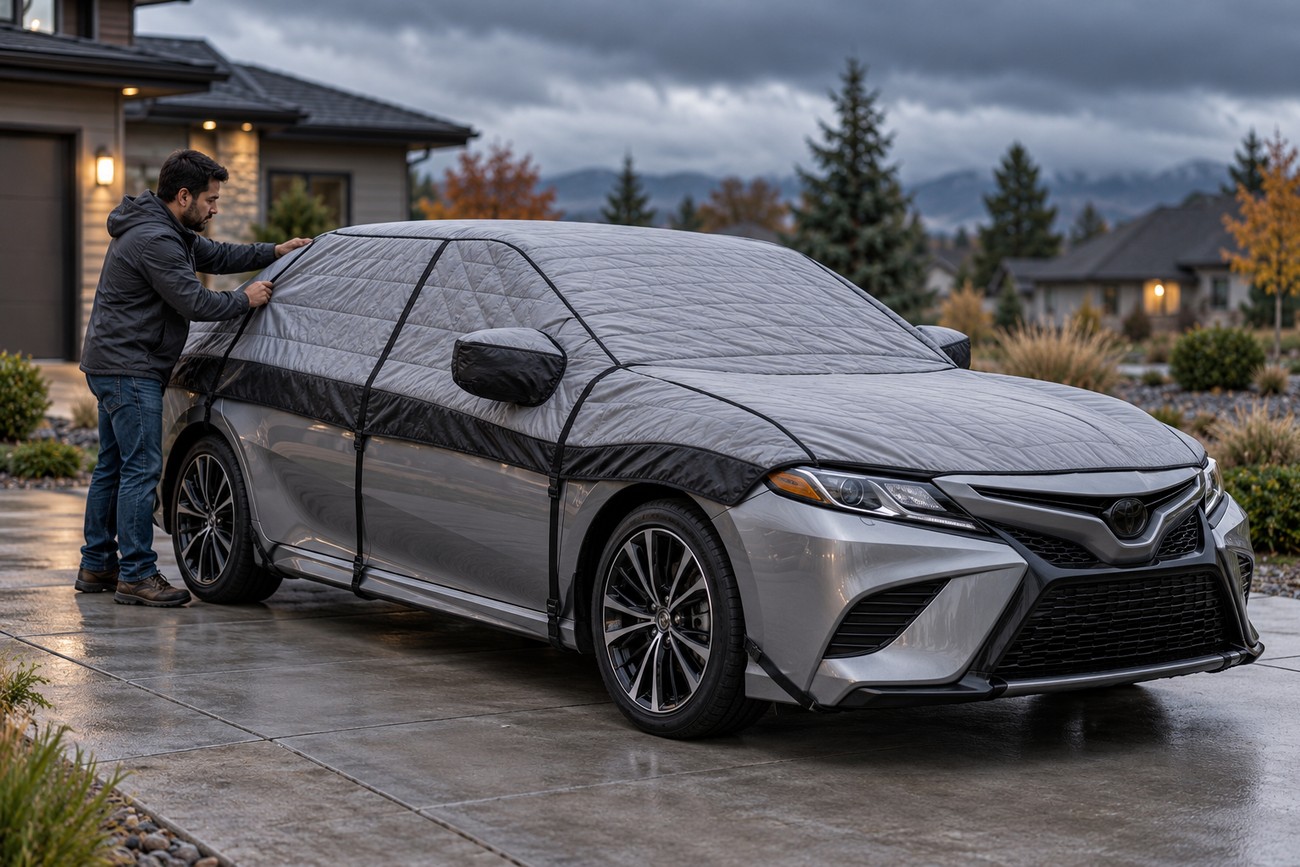 A man in a jacket puts a quilted hail blanket over a silver Toyota Camry parked in a suburban driveway