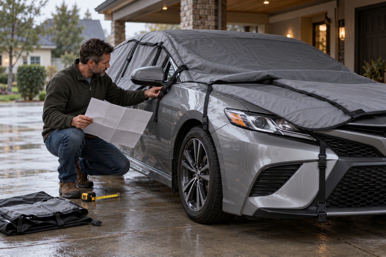 Man kneeling next to a gray Toyota Camry while securing a padded hail blanket with straps