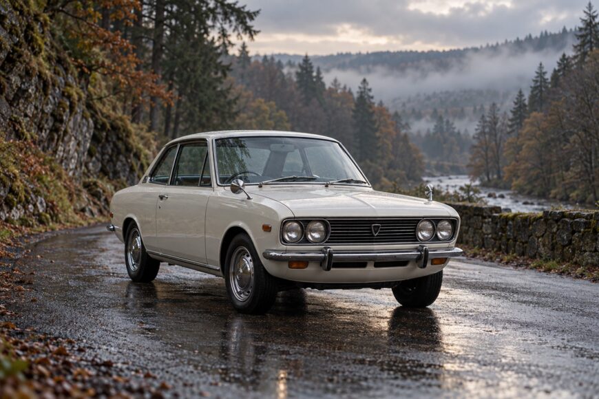 Vintage white Mazda R100 rotary coupe parked on a wet winding road near a foggy river valley