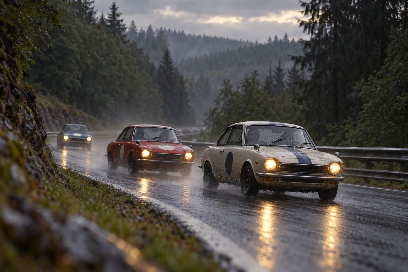 Several vintage Mazda R100 rotary race cars driving on a wet asphalt track through a forest during a rainy day