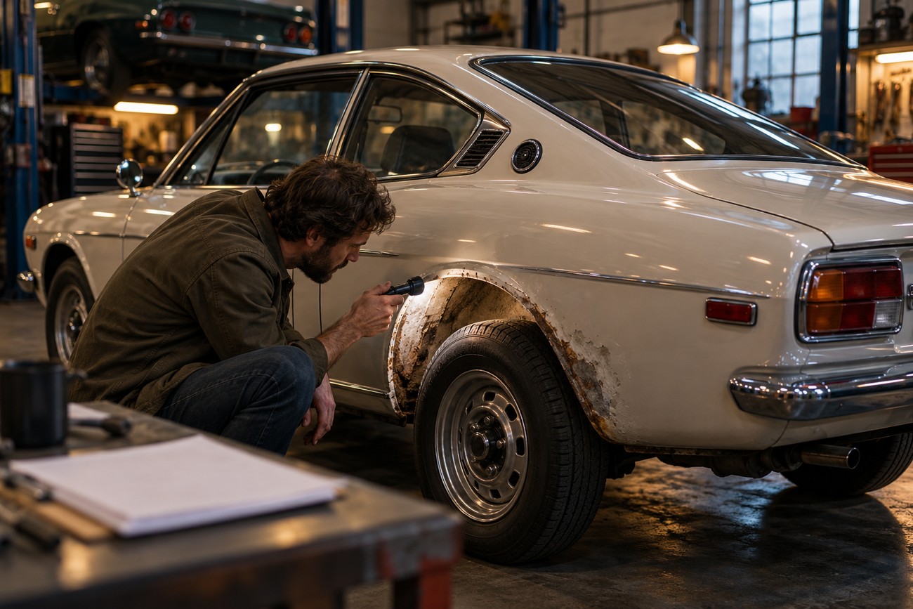 A mechanic crouching down and inspecting the rust damage on the rear wheel arch of a classic white Mazda R100 coupe with a flashlight in a garage