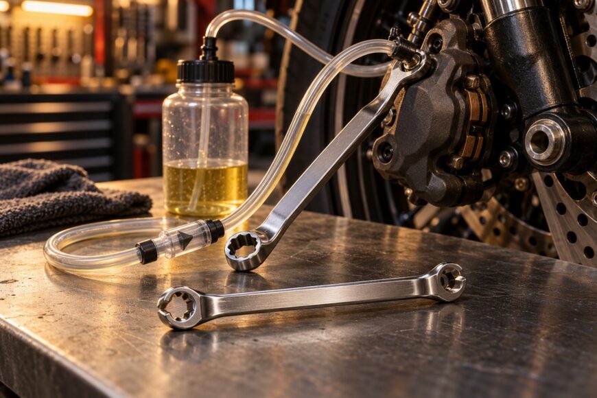 A motorcycle brake bleeding kit with clear tubing and a fluid collection bottle connected to a brake caliper on a workbench