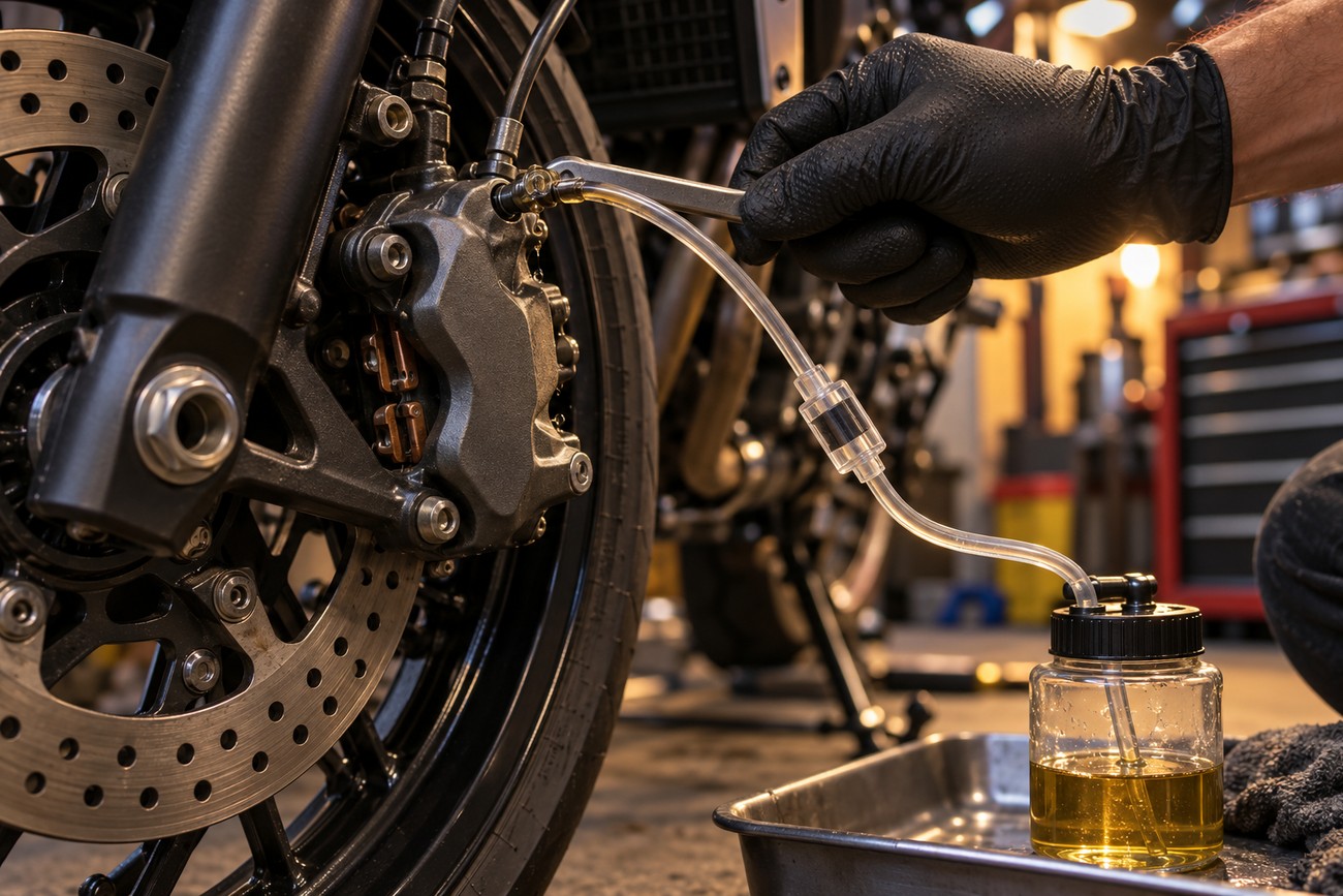 A mechanic in black gloves bleeding motorcycle front brakes using a clear tubing kit and a fluid collection bottle