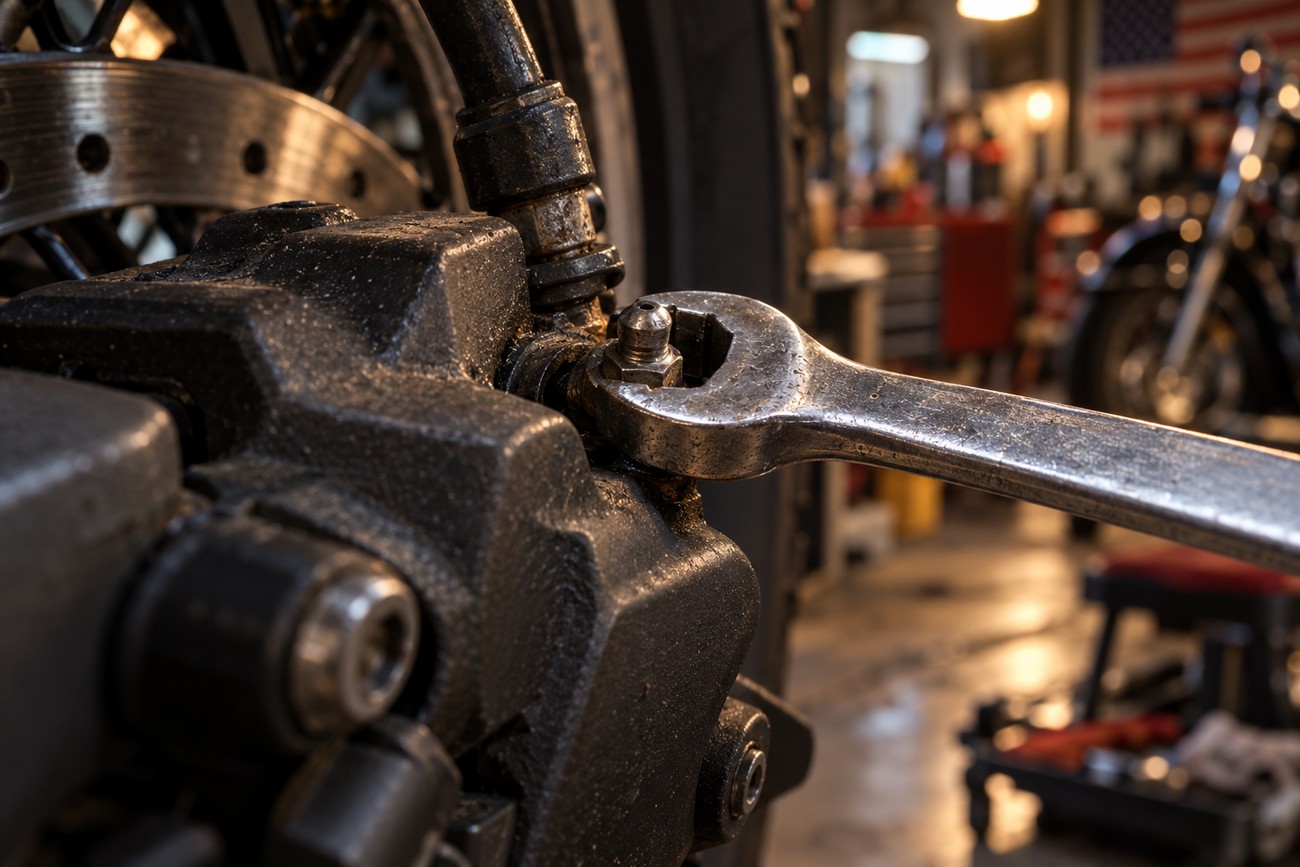 A metal wrench turning the brake bleeder valve on a motorcycle caliper in a workshop