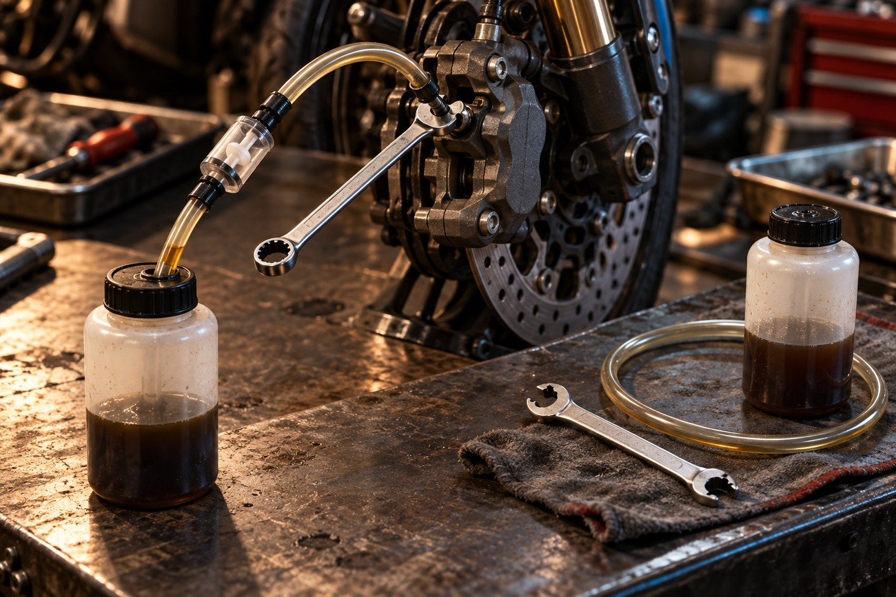 A mechanic bleeding motorcycle brakes using a transparent hose and collection bottle connected to the brake caliper
