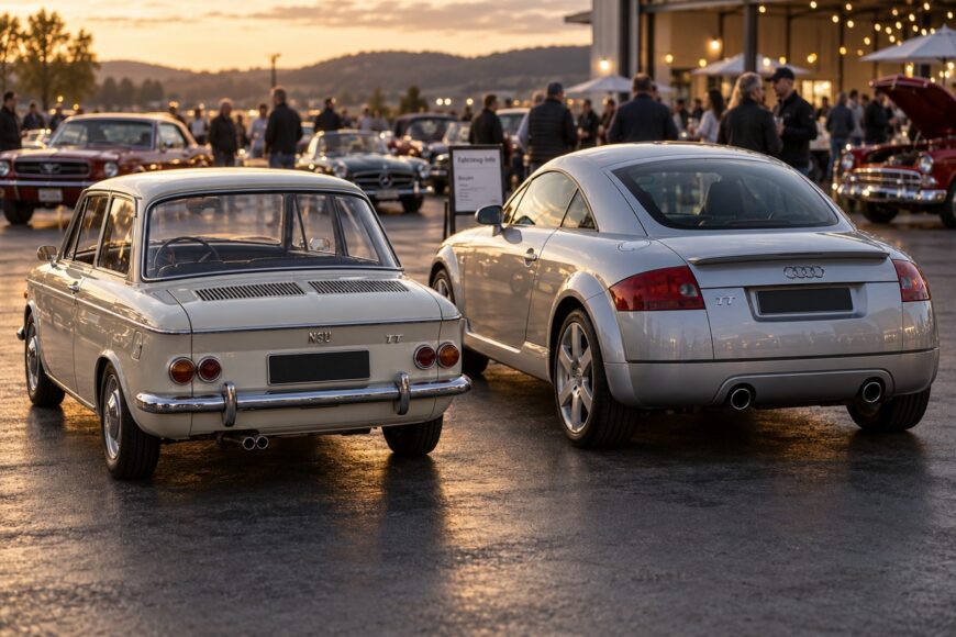 A vintage white NSU Prinz TT and a modern silver Audi TT parked together facing away from the camera at an evening car meet