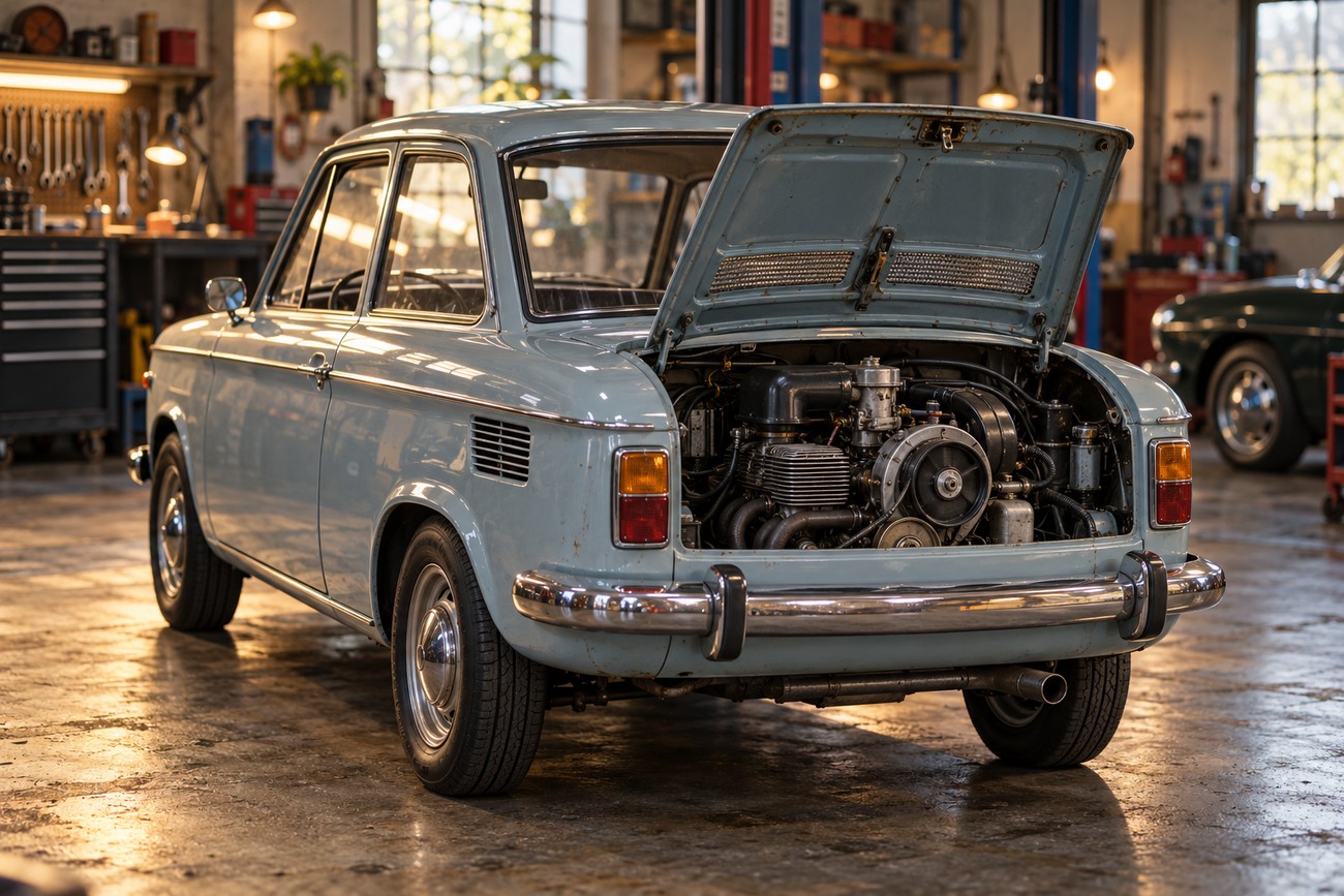 Light blue vintage NSU Prinz TT parked inside a garage with its rear engine cover open