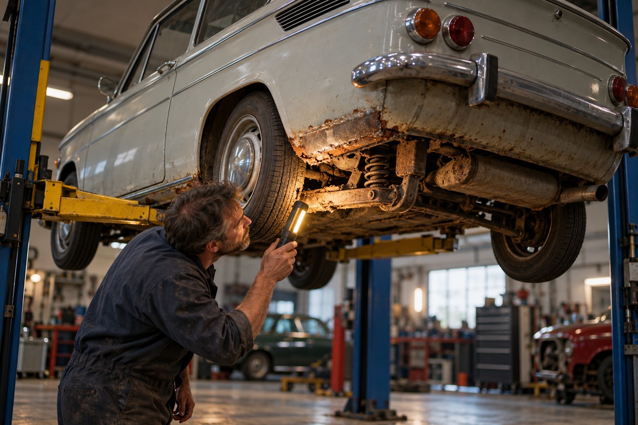 Mechanic using a flashlight to inspect the rusted undercarriage of an NSU Prinz TT raised on a lift in a garage