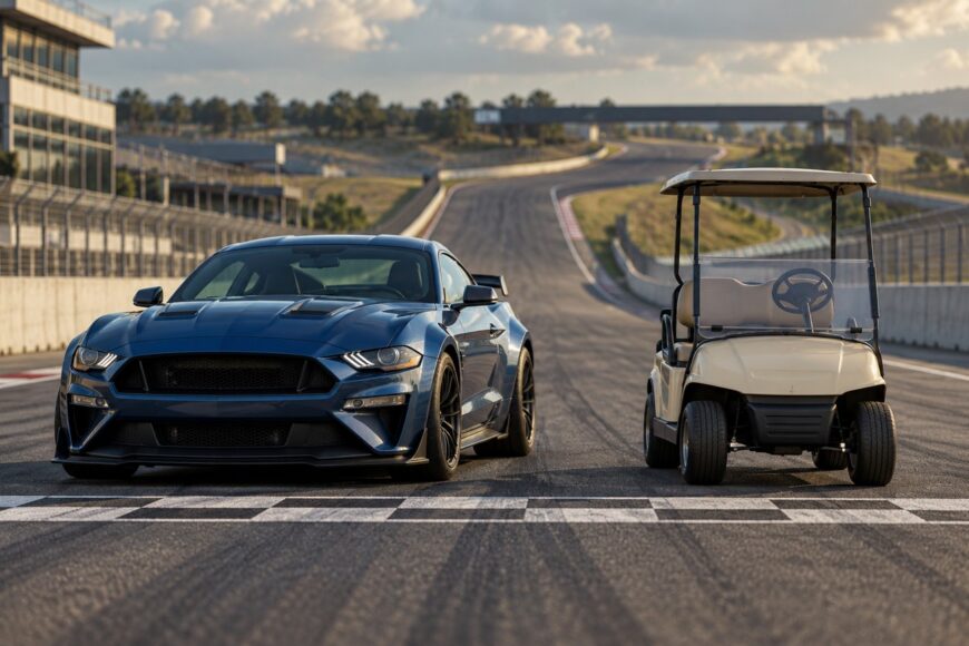 A blue Ford Mustang and a beige golf cart lined up side by side on a racetrack starting line