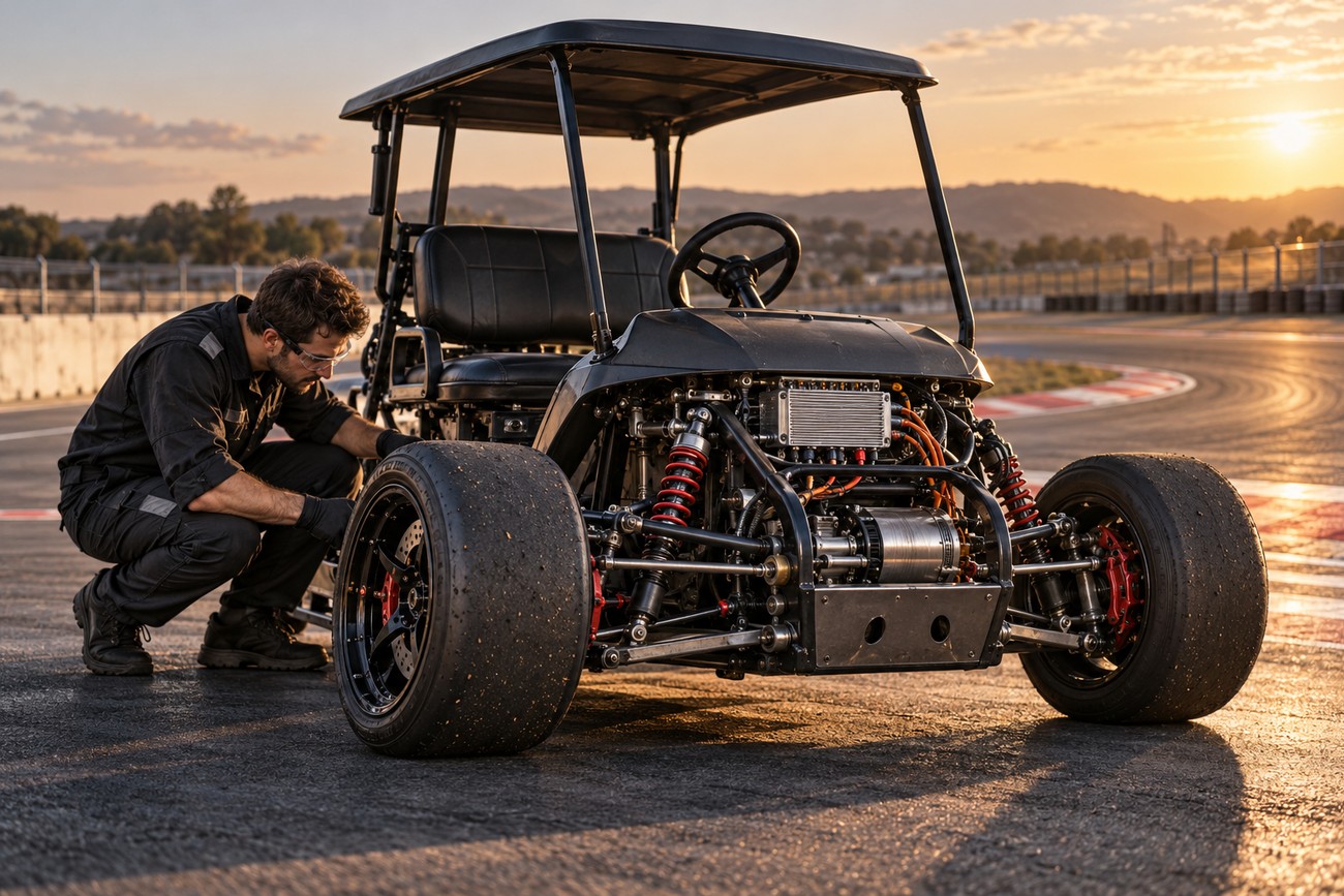 A mechanic in black overalls inspects a modified racing golf cart on an asphalt track at sunset