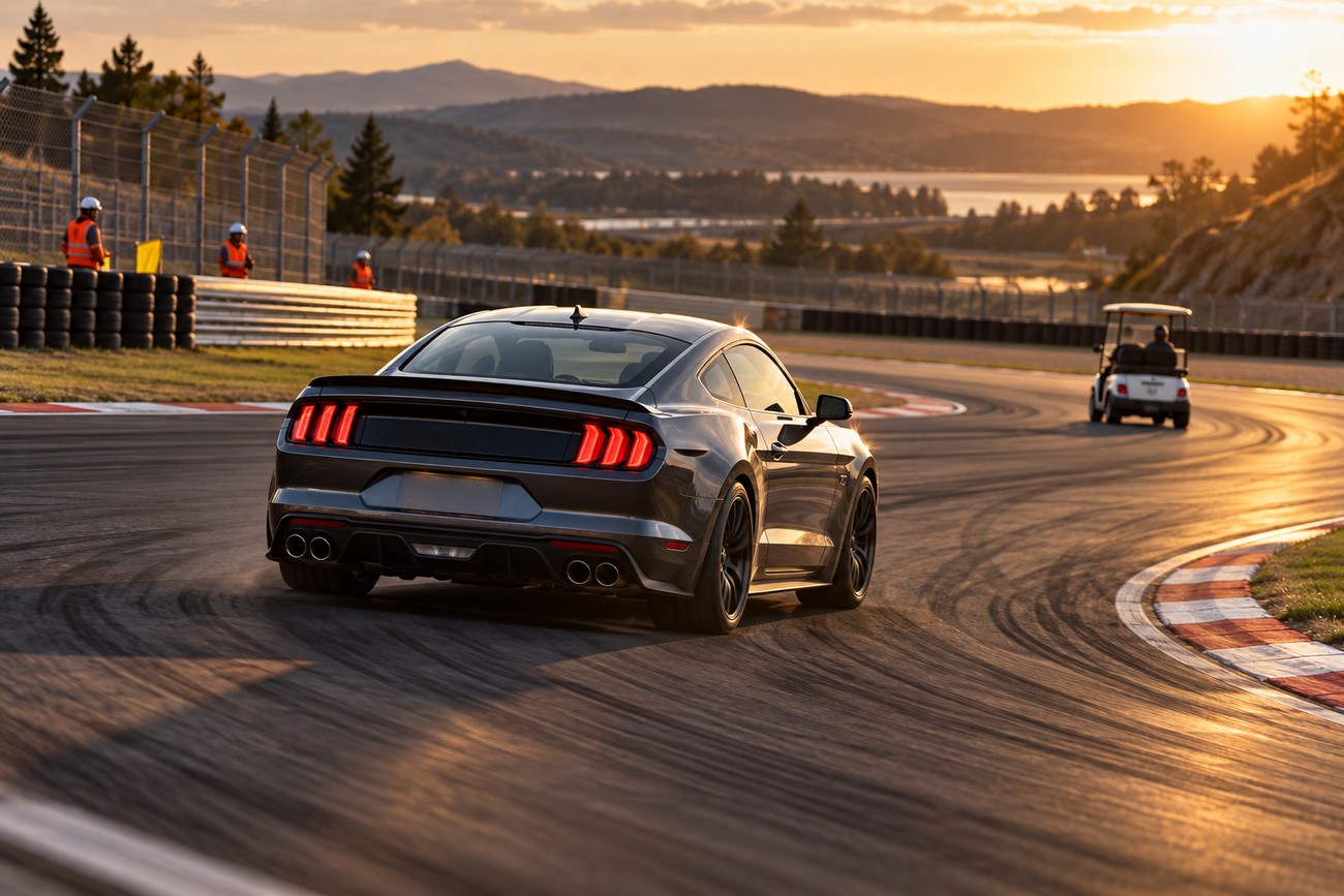 A dark Ford Mustang drifting through a curve on a race track at sunset with a golf cart ahead