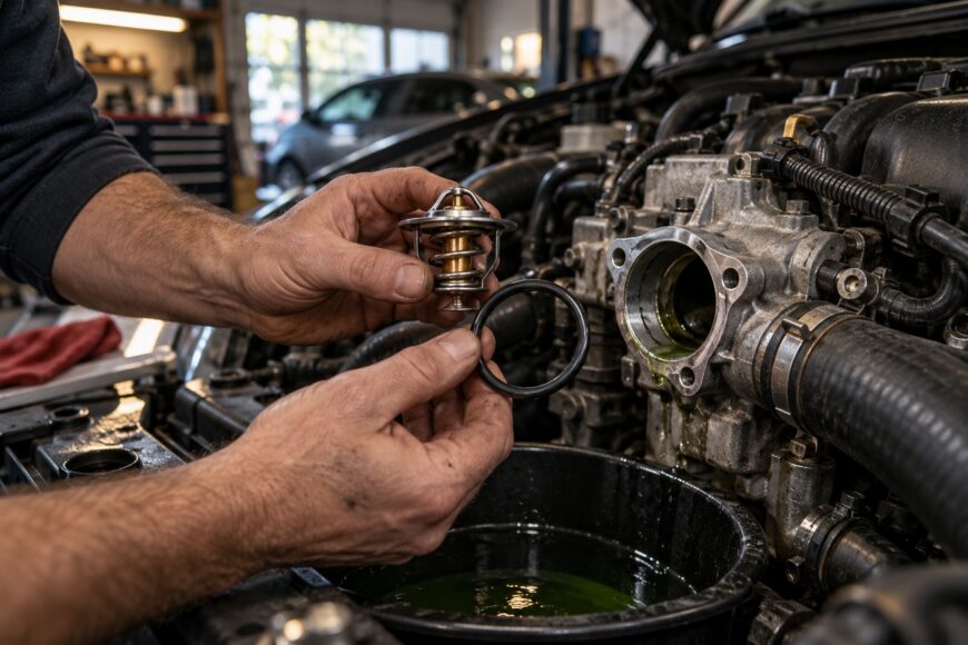 Mechanic holding a car thermostat and rubber gasket near the open engine housing with coolant drainage pan