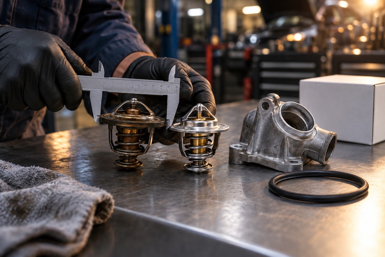 Mechanic wearing black gloves uses a caliper to measure a car thermostat on a metal workbench in a garage