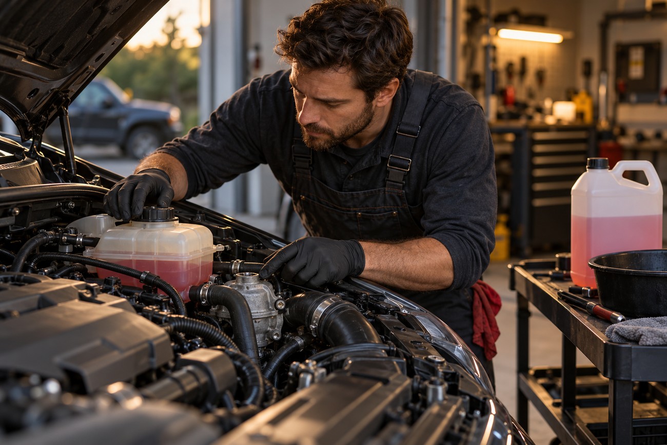 A mechanic wearing gloves is working on the car cooling system and thermostat under an open hood in a garage