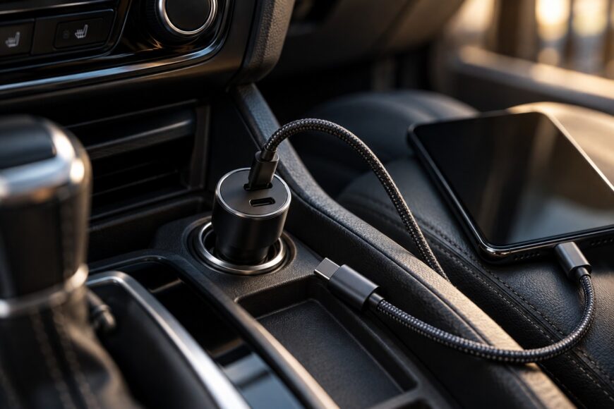 A USB-C car charger plugged into a vehicle power outlet with a braided cable connected to a smartphone