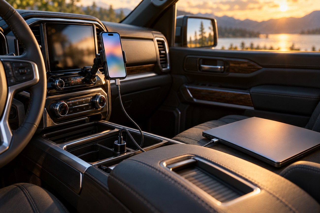 A smartphone mounted on a car dashboard and a laptop plugged into a USB-C car charger during sunset
