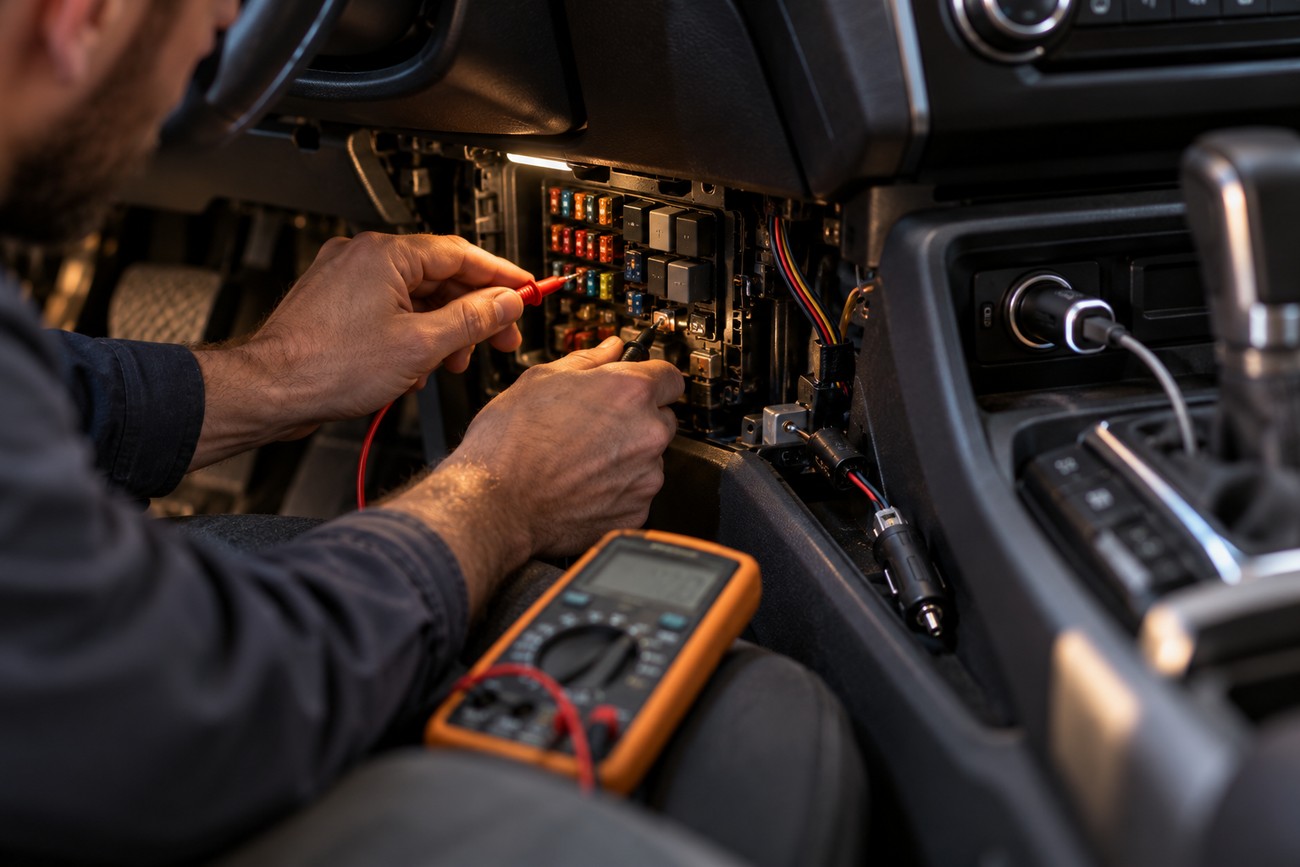 Mechanic testing a car fuse box and electrical system with a multimeter while a USB charger is plugged into the socket