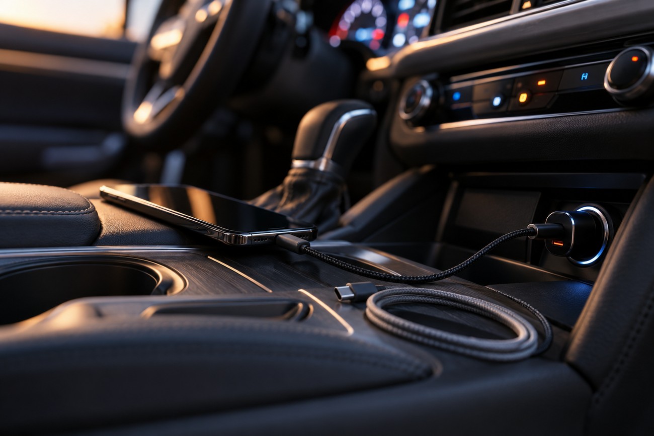 A USB-C car charger plugged into a vehicle socket with a braided cable charging a smartphone on the console