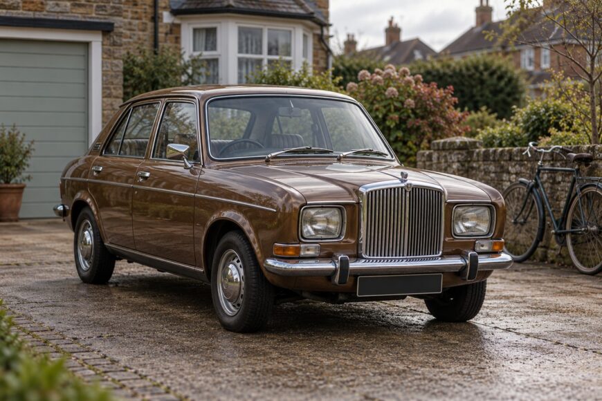 Brown Vanden Plas 1500 classic car parked on a wet stone driveway next to a bicycle