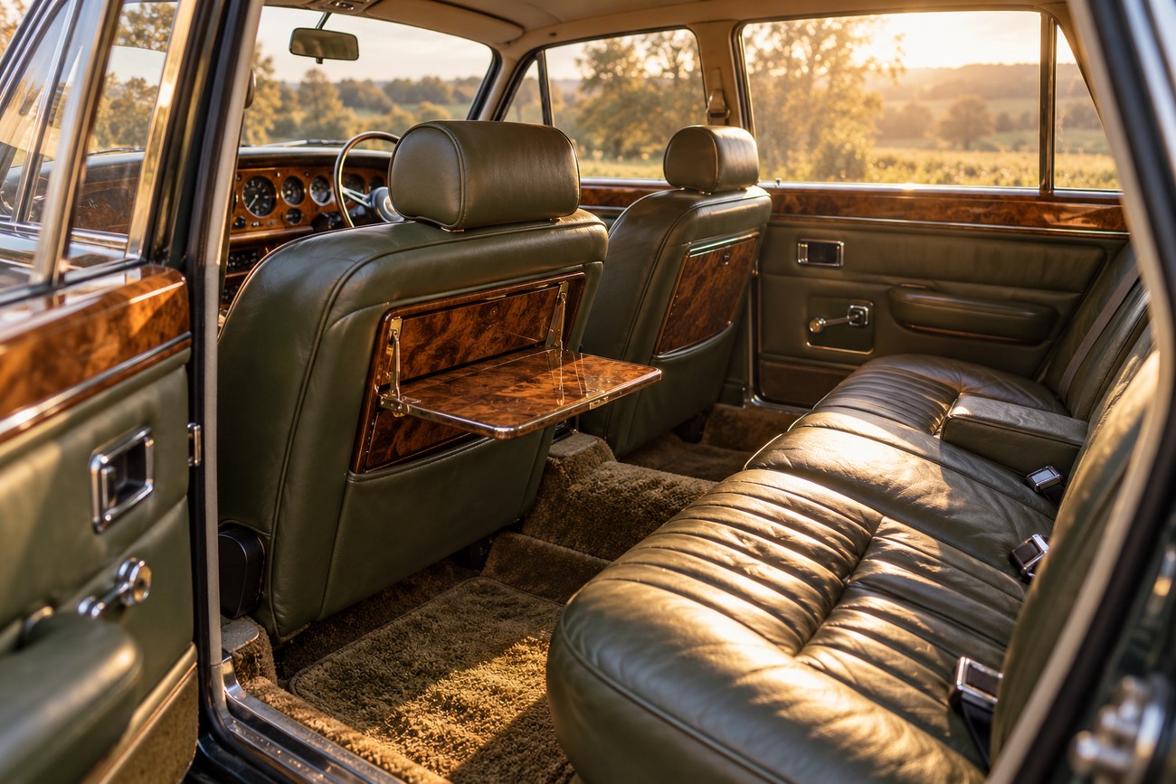 Interior view of a Vanden Plas 1500 featuring green leather seats and wooden picnic trays illuminated by warm sunset light