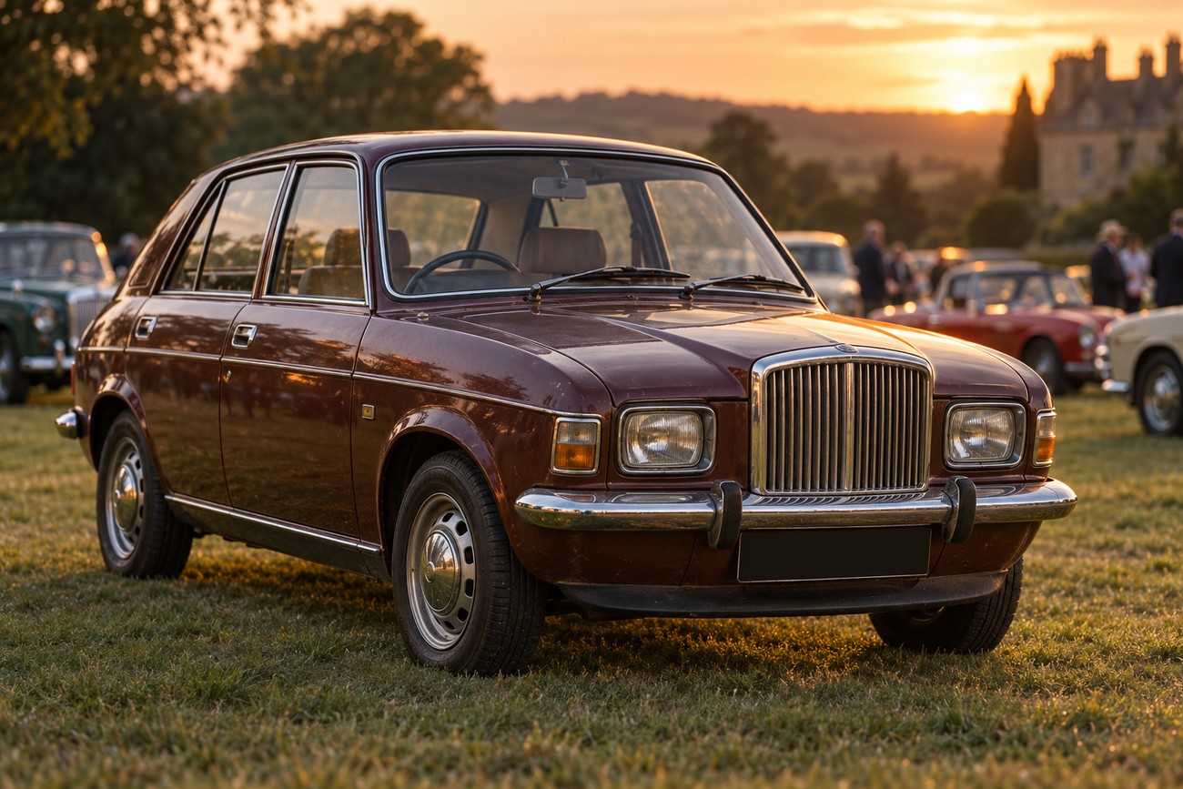 Classic brown Vanden Plas 1500 parked on a grassy field during a warm sunset