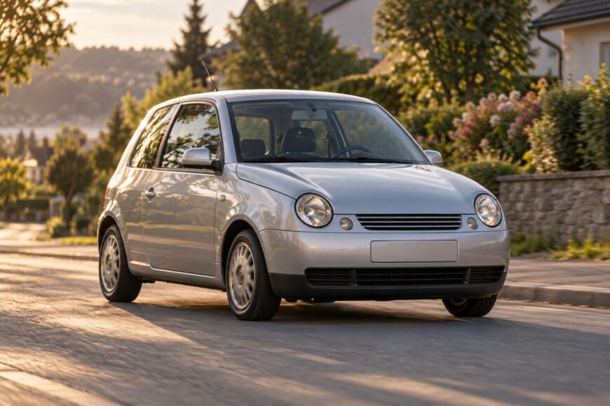 Silver Volkswagen Lupo 3L hatchback driving on a paved suburban road during sunset