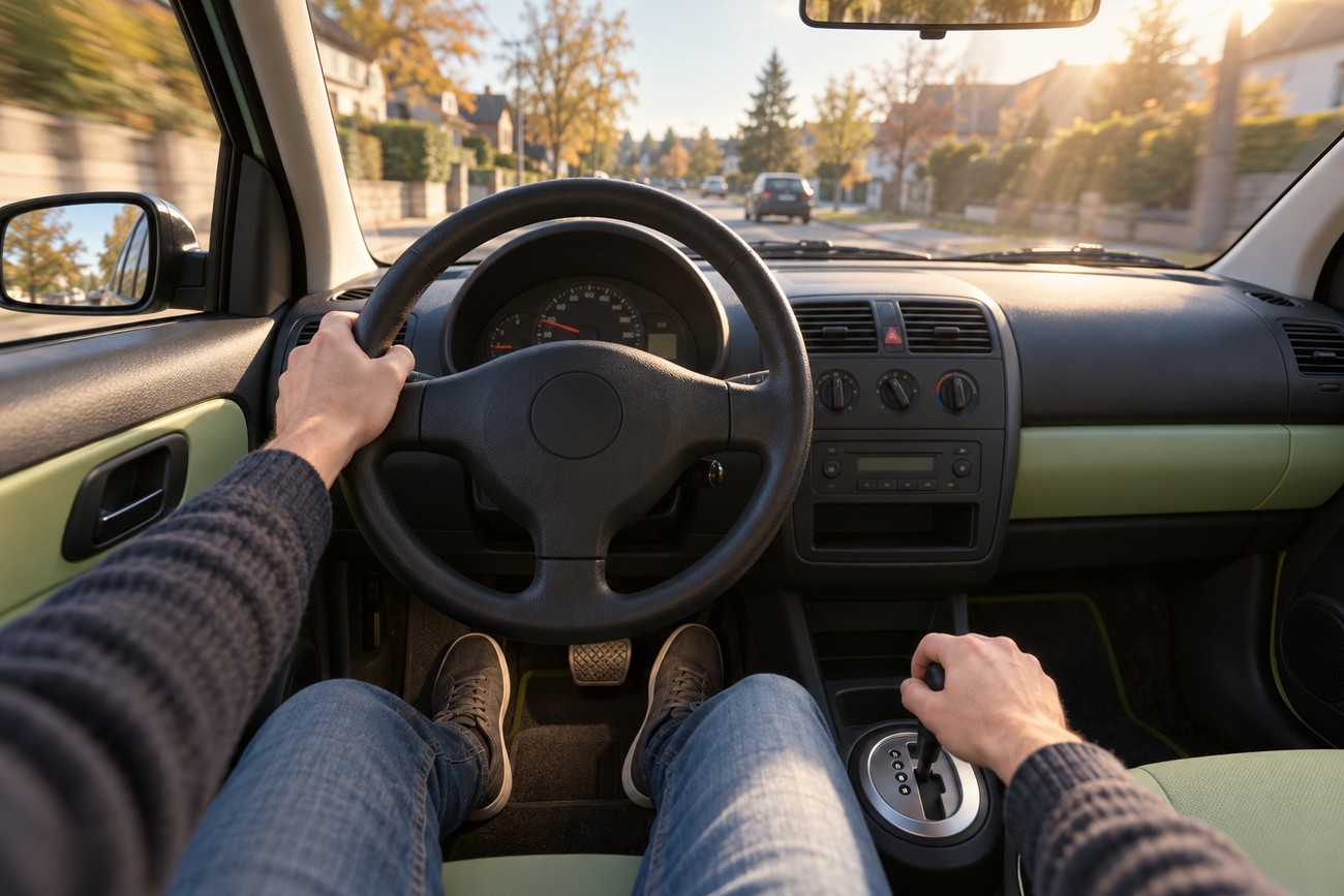 Driver holding the steering wheel and gear shifter inside the cabin of a Volkswagen Lupo 3L