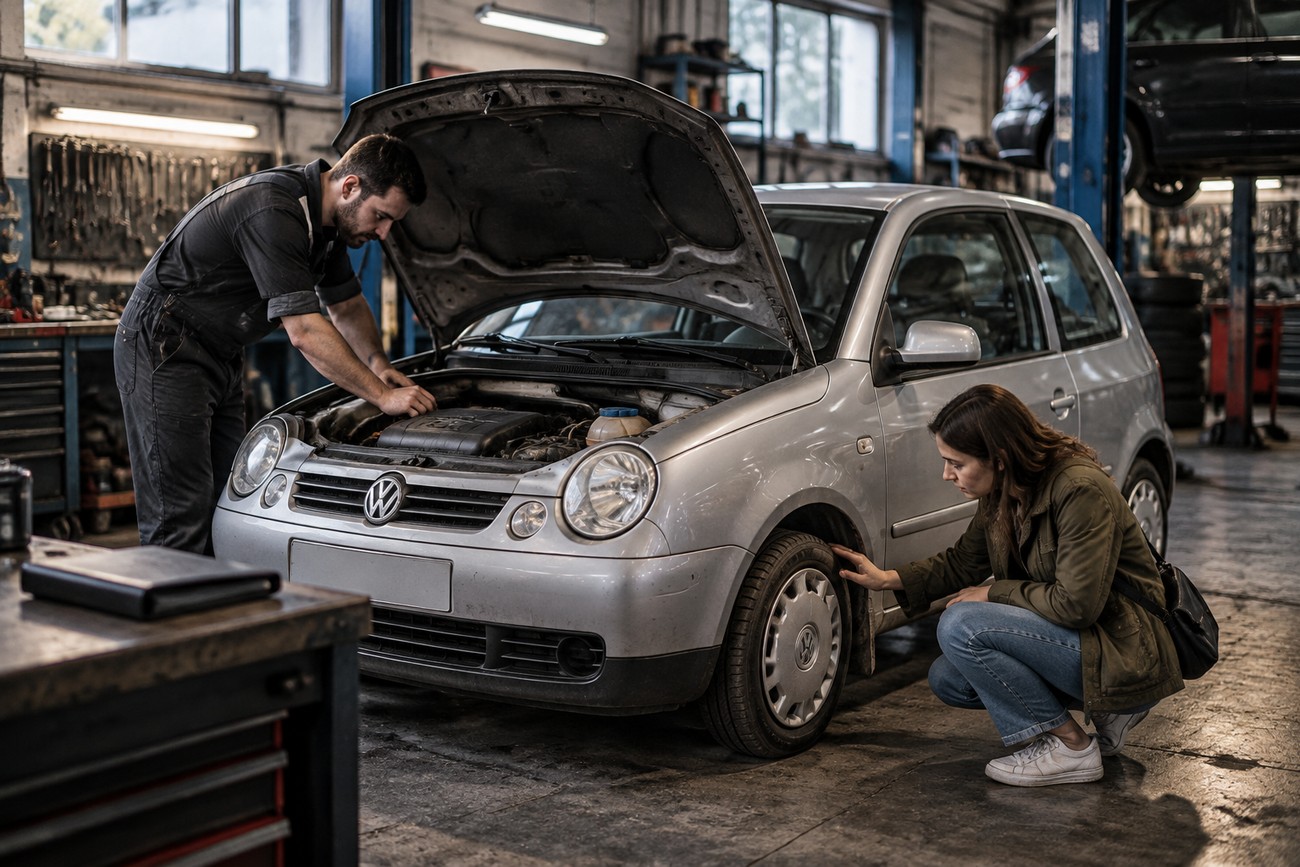 A male mechanic inspecting the engine of a silver Volkswagen Lupo 3L with a woman crouching beside the front tire in a garage