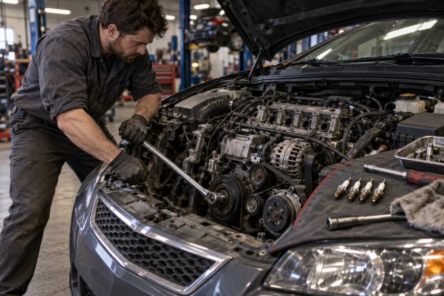 A mechanic in workwear using a ratchet wrench on the engine of a Chevy Cruze in a workshop