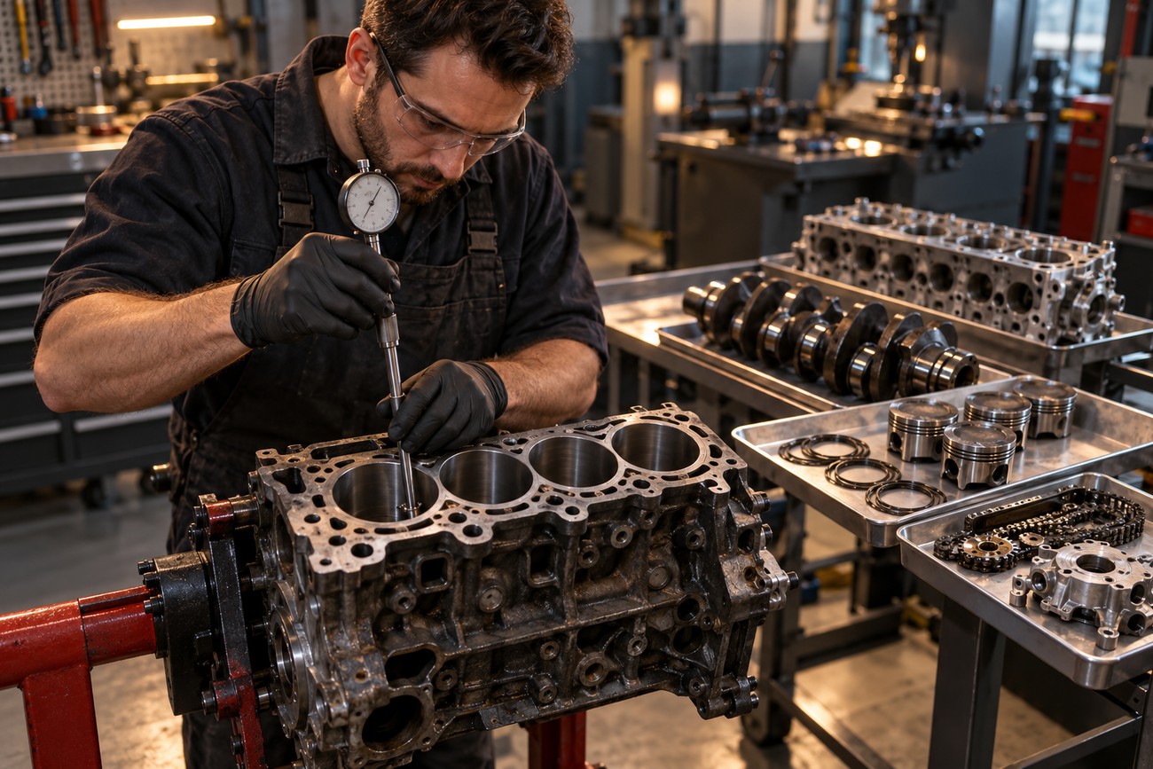A professional mechanic wearing safety glasses and black gloves measures a cylinder in a disassembled car engine block with a dial bore gauge in an auto repair shop