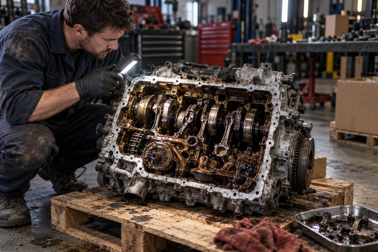 A mechanic in a workshop inspects the internal components of a seized engine with a flashlight