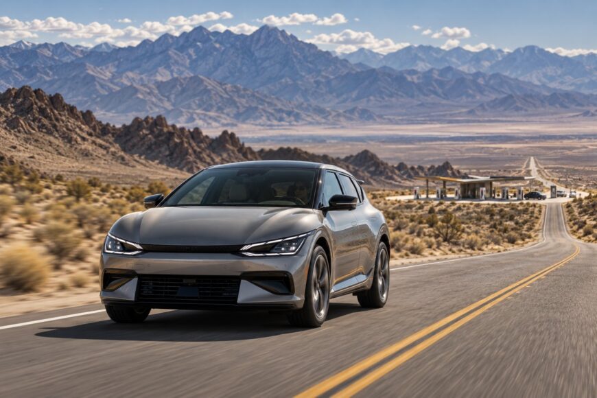 Silver Kia EV6 driving on an asphalt desert highway in Nevada with mountains in the background