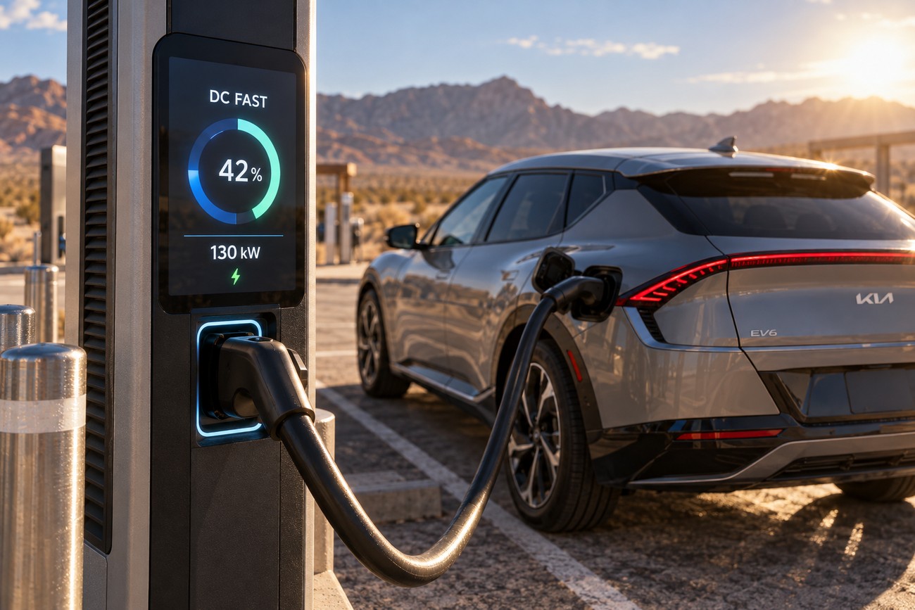 Silver Kia EV6 plugged into a DC fast charging station displaying 42 percent battery in the Nevada desert