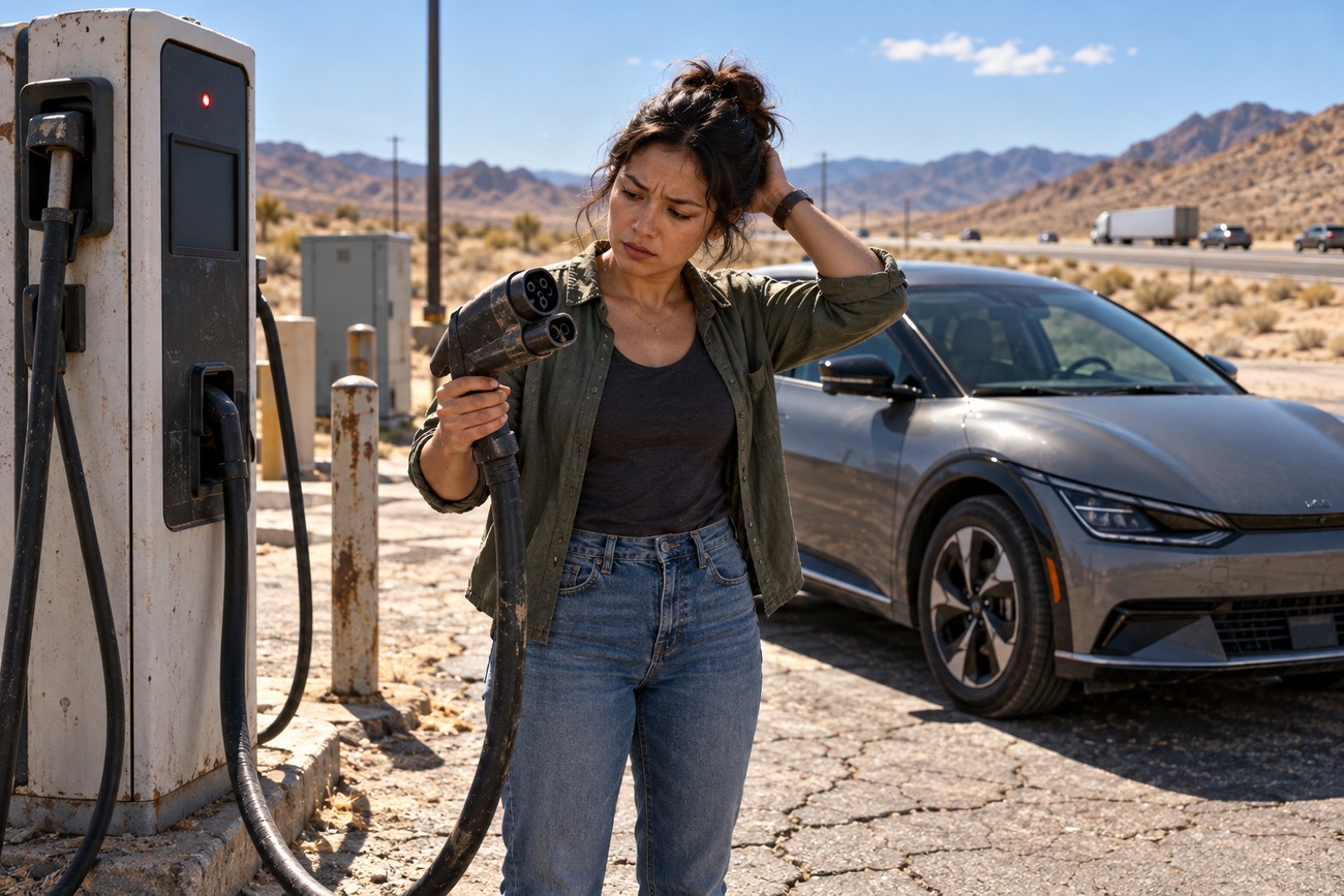 A woman holding an EV charging cable near her Kia EV6 at a desert charging station in Nevada