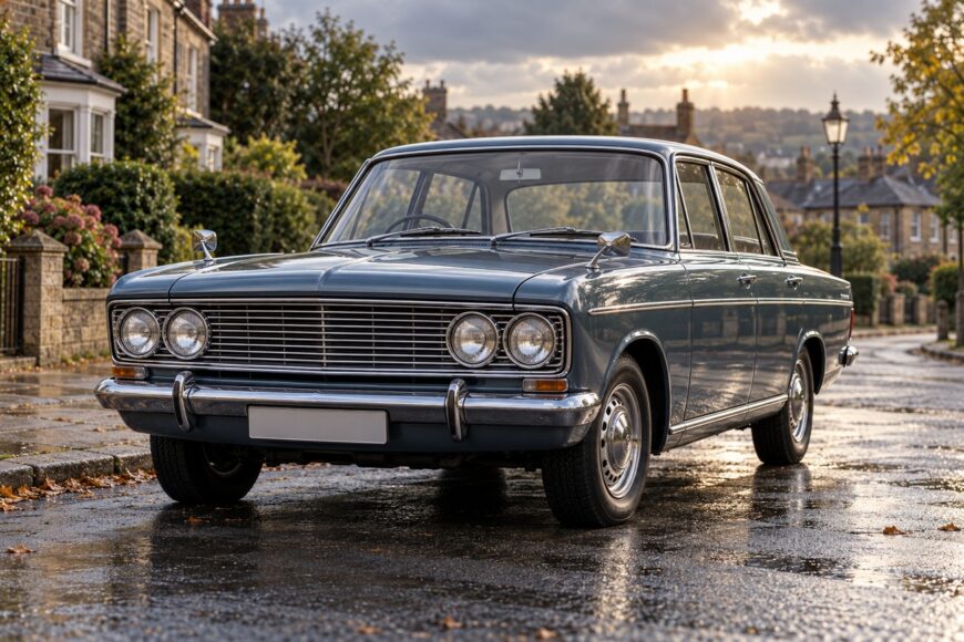 Classic blue Ford Zodiac Mk III parked on a wet British street lined with traditional stone houses during sunset