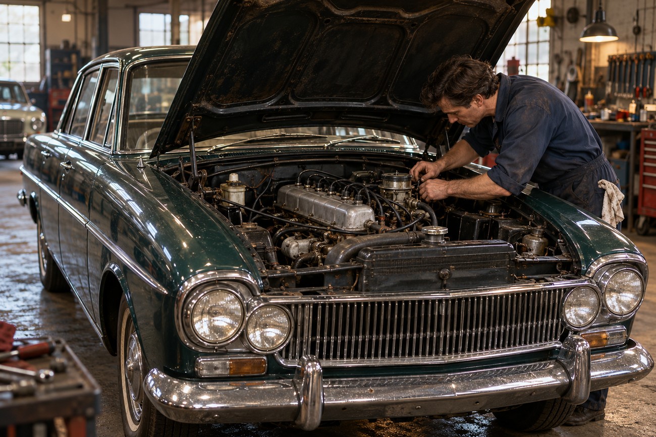 A mechanic in a workshop working on the engine of a classic dark green Ford Zodiac Mk III