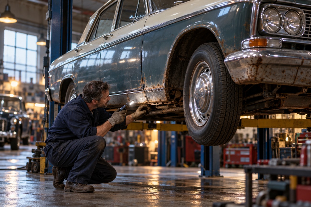 Mechanic with a flashlight inspecting the underbody and rust on a classic Ford Zodiac Mk III lifted in a garage