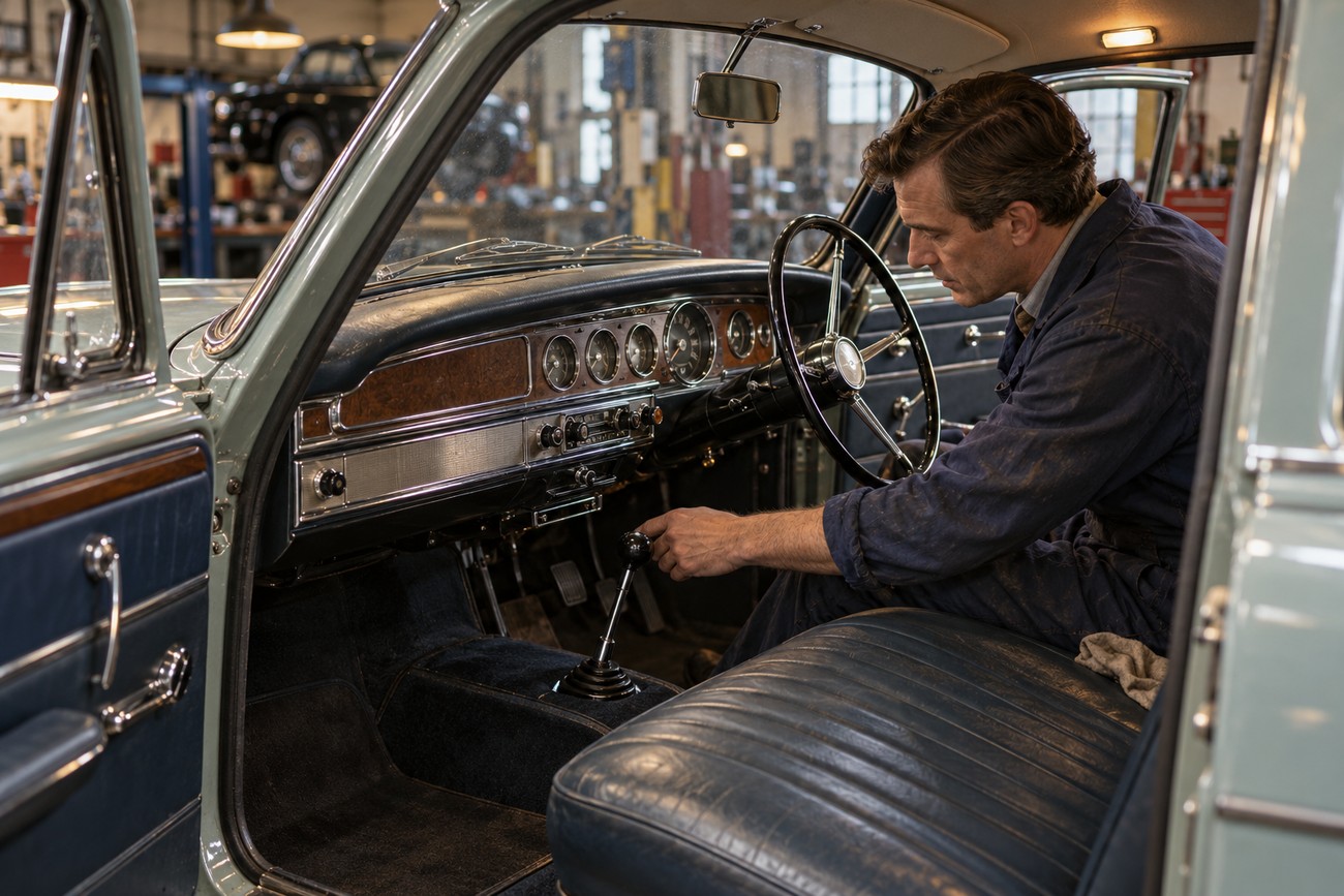 Mechanic in overalls sitting inside the classic interior of a Ford Zodiac Mk III inspecting the gearshift and dashboard