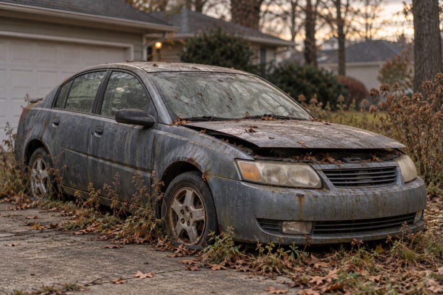 An abandoned grey Saturn Ion covered in dirt and autumn leaves parked in a residential driveway with overgrown weeds