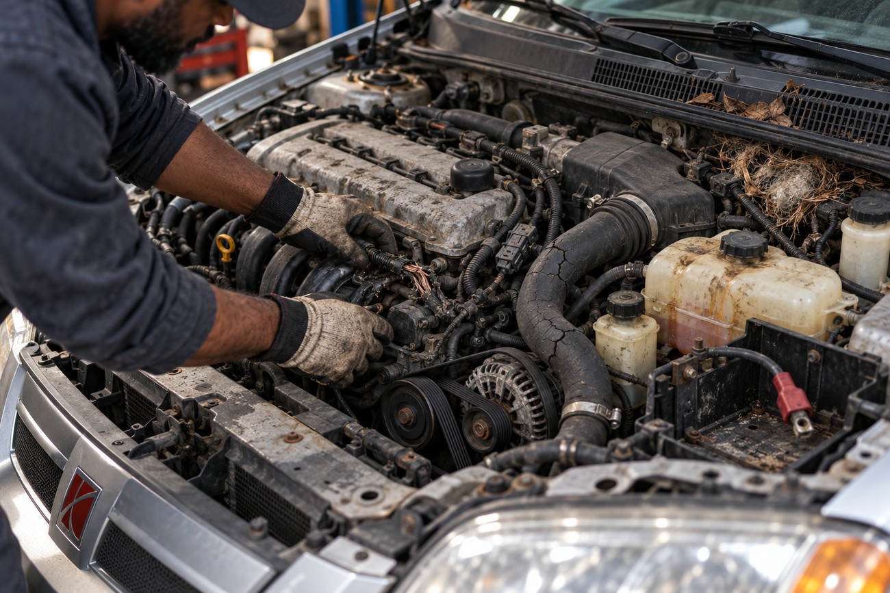 Mechanic wearing gloves inspecting the dusty engine bay of an abandoned Saturn Ion car