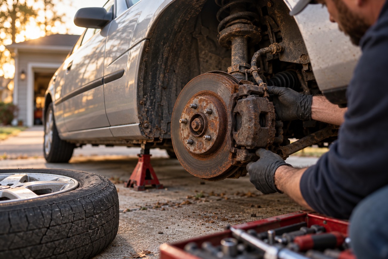 Mechanic wearing black gloves inspecting the heavily rusted brake disc and suspension of a silver Saturn Ion lifted on a jack stand outdoors