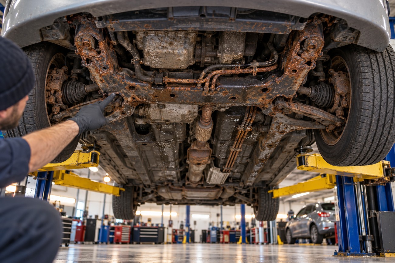A mechanic in gloves points at the severely rusted undercarriage of a Saturn Ion lifted on a hydraulic hoist inside an auto repair shop