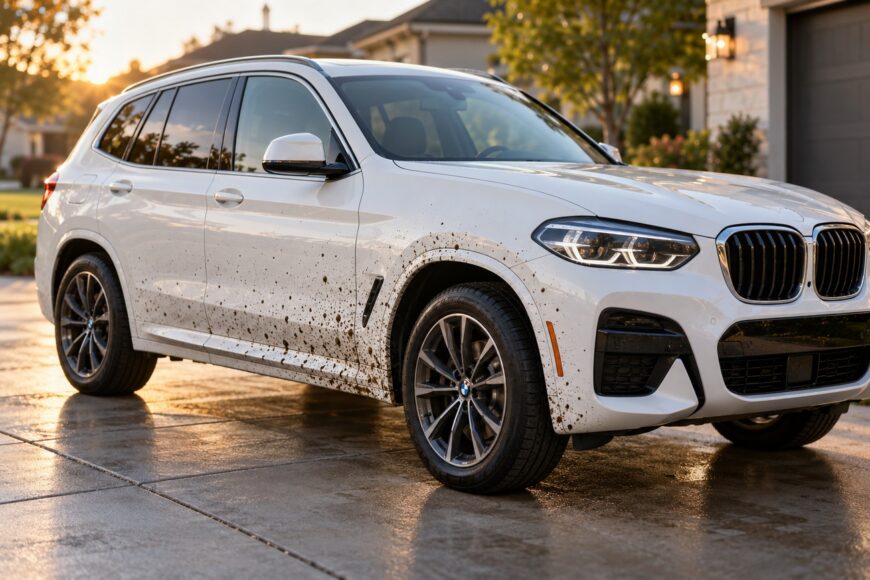 A white BMW X3 luxury SUV parked outdoors with dark road tar splatters along its side and wheel arch