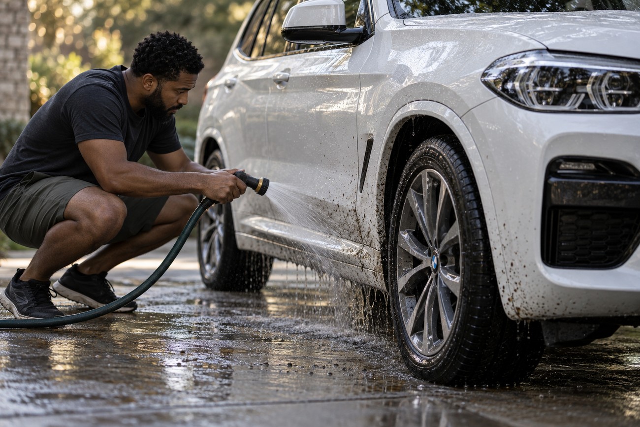 A man kneeling on the driveway sprays water from a hose to clean fresh road tar off the side of a white BMW X3