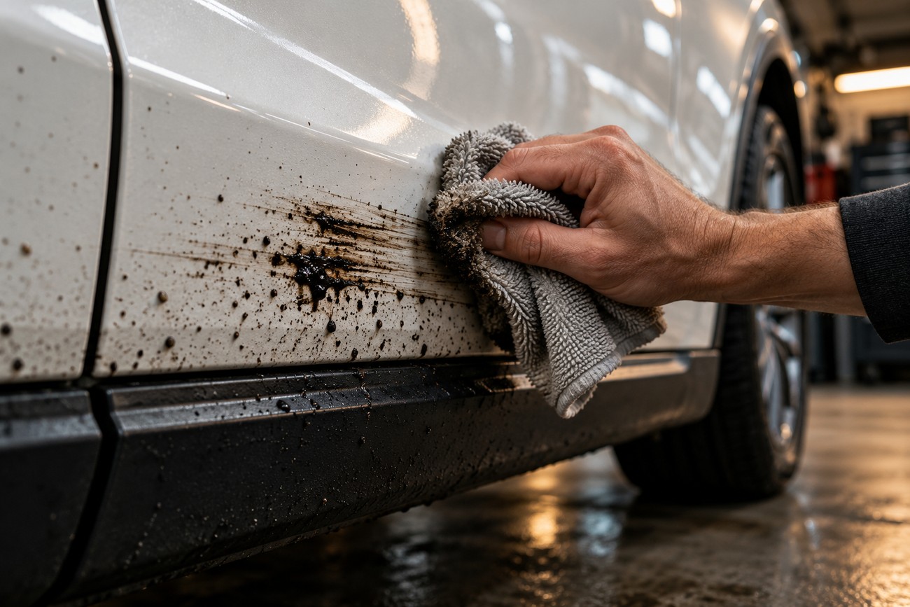 A person using a grey microfiber cloth to clean fresh black road tar splatters from the white side panel of a BMW X3