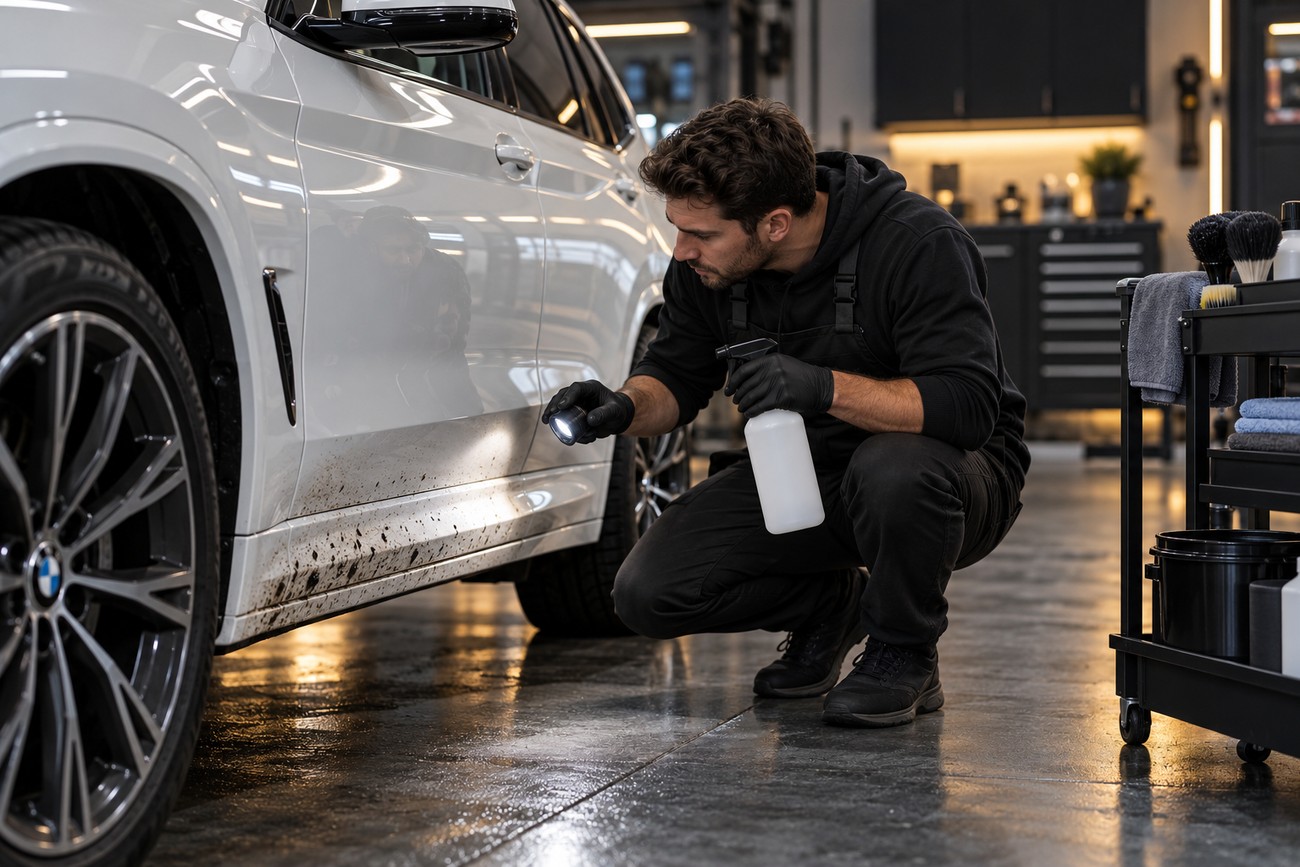 A technician inspecting fresh road tar splatters on the side of a white BMW X3 with a flashlight in a detailing garage