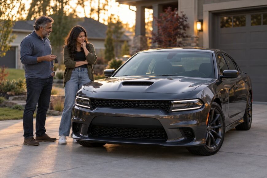Father standing in a driveway at sunset holding car keys and looking at his teenage daughter next to a new gray Dodge Charger