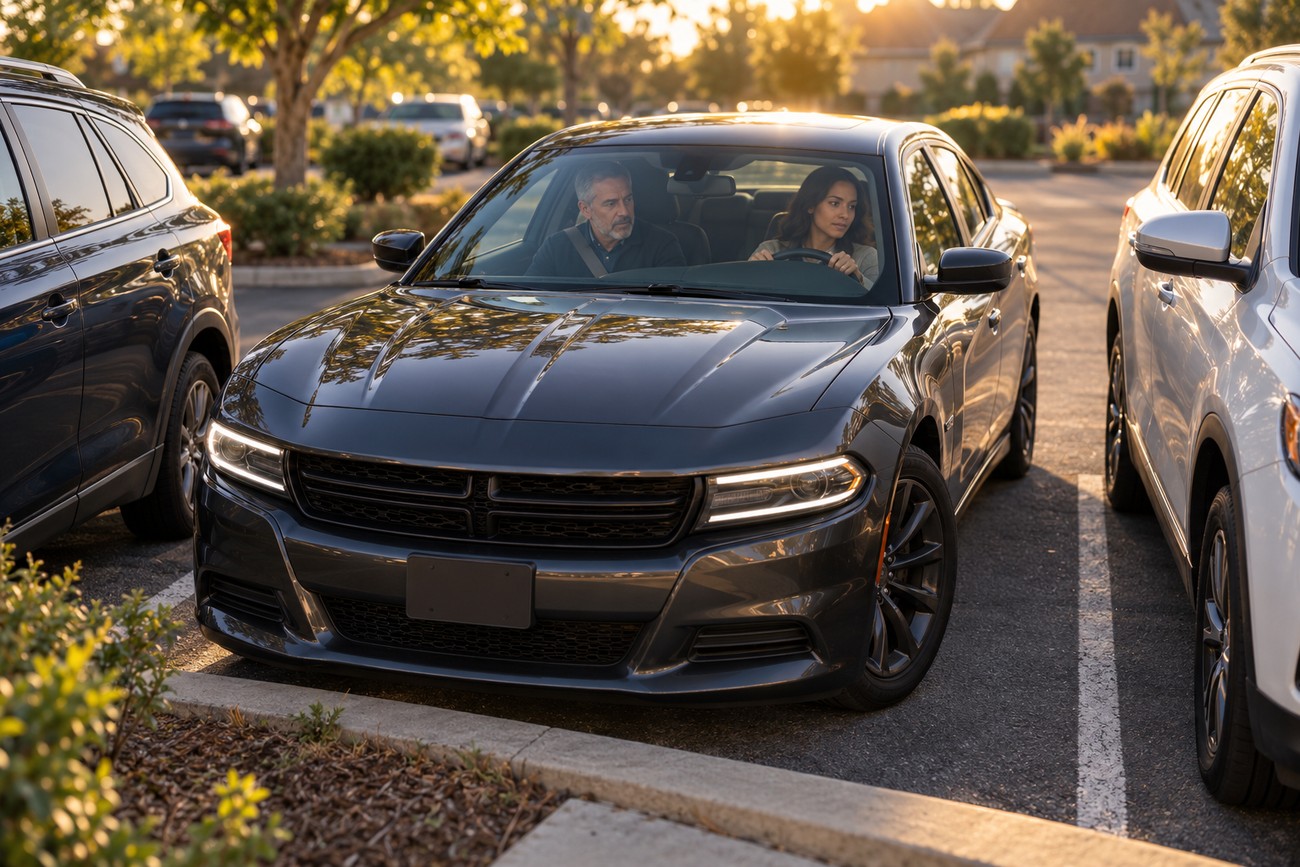 A teenage girl driving a dark gray Dodge Charger with a passenger in the front seat parked in a parking lot